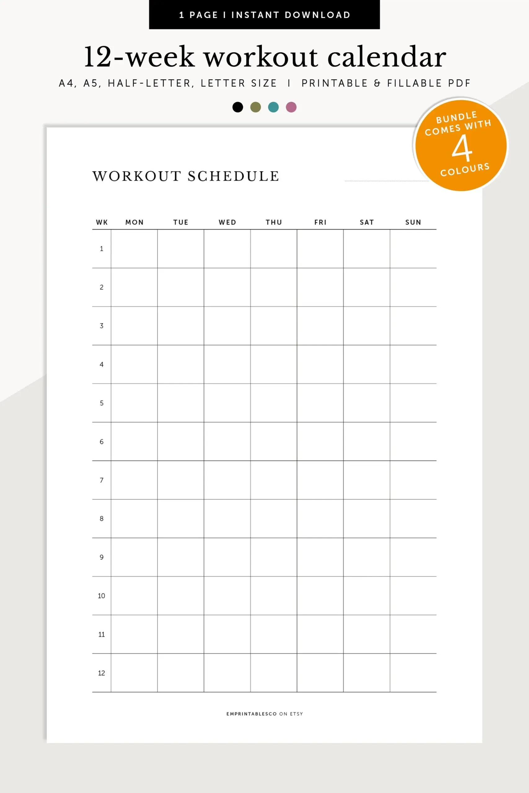 12 week Workout Planner Fitness Schedule 3 month Fitness Planner 