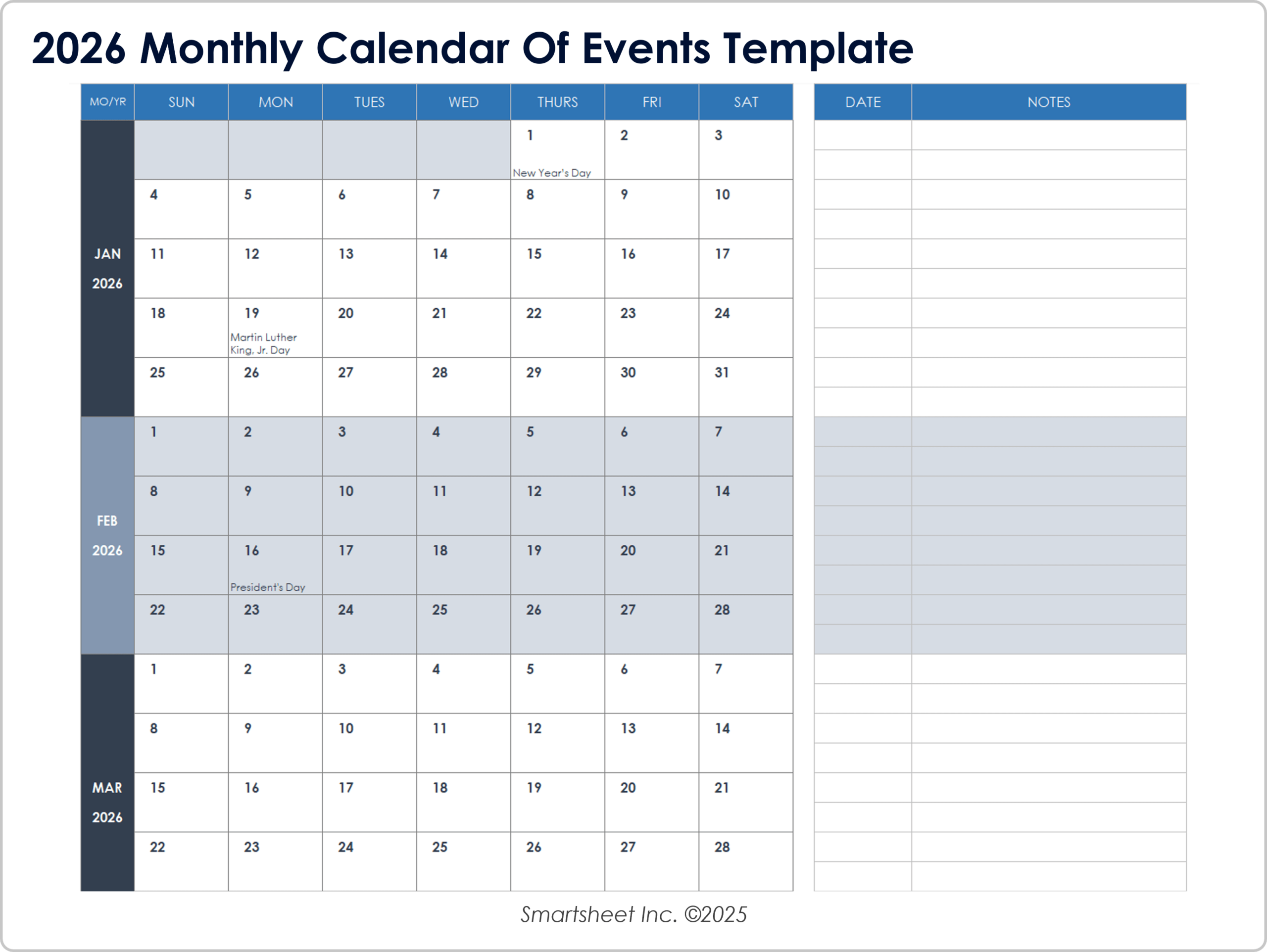 15 Free 2026 Monthly Calendar Templates Smartsheet