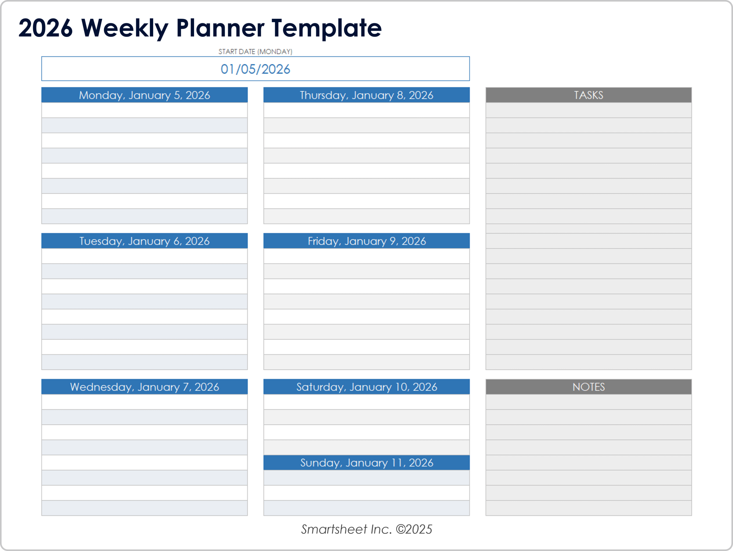 Blank Weekly Calendar Printable 2026