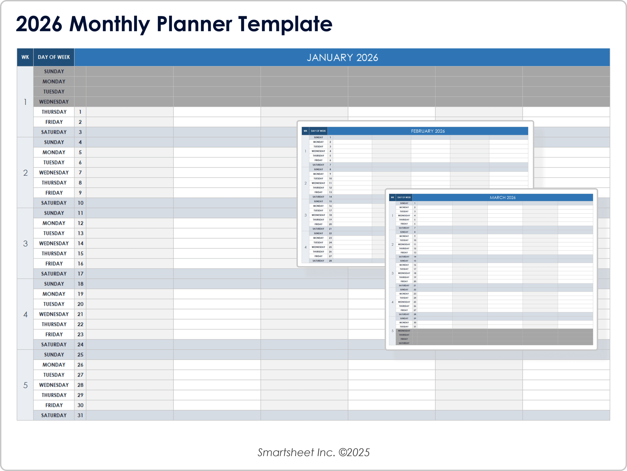 Blank Printable Monthly Calendars 2026