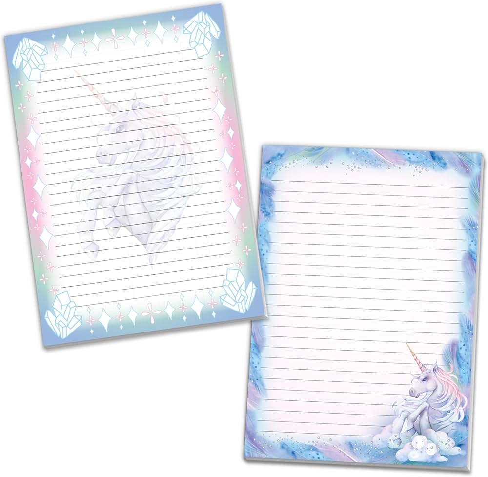 2 Motif Writing Pads Lined Writing Paper For Girls Children School Unicorn Horse Crystal 1 Pad Colourful And 1 Pad For Colouring A5 With 25 Sheets 