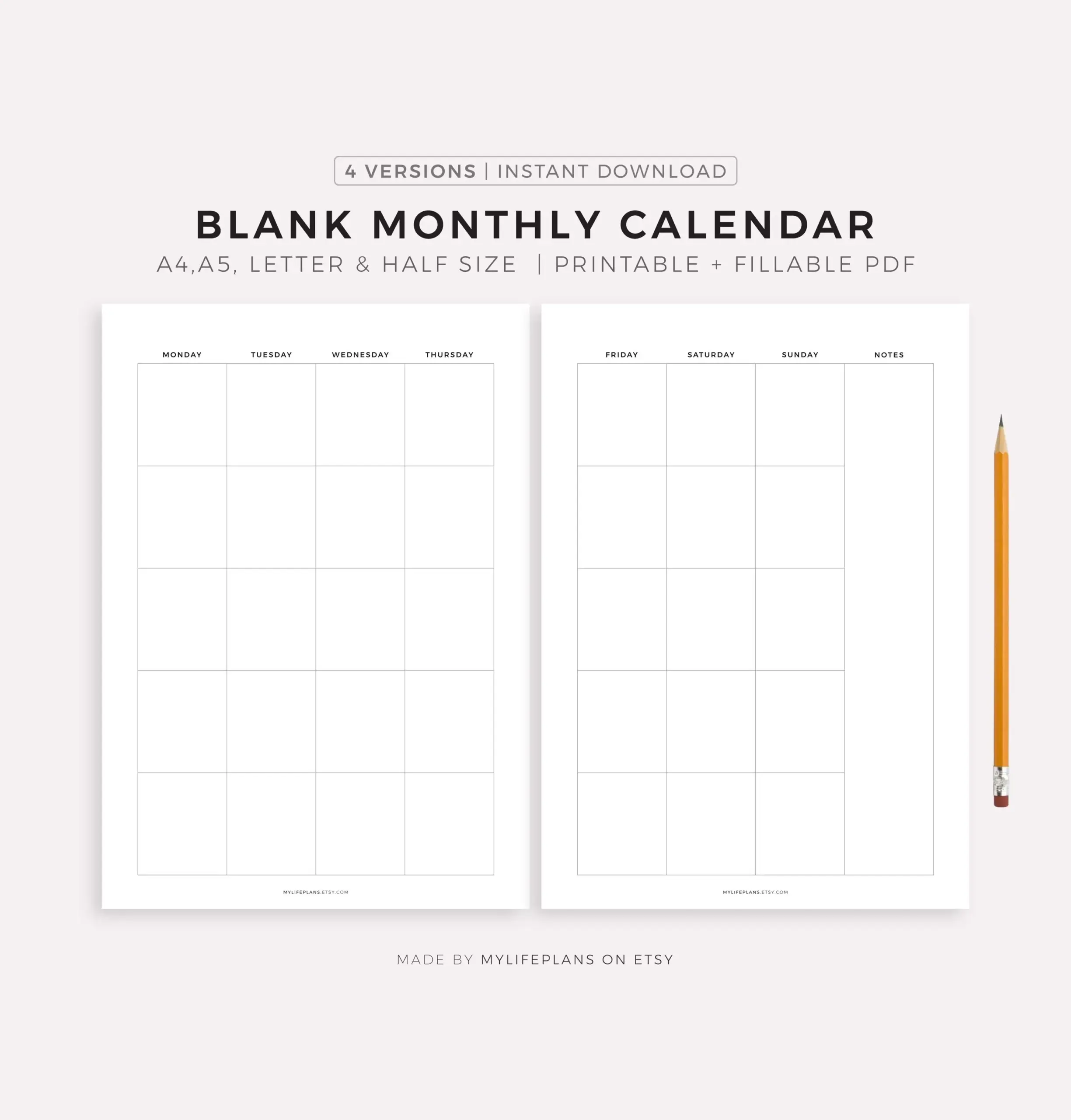 2 Page Blank Monthly Calendar Printable amp Fillable Minimalist 