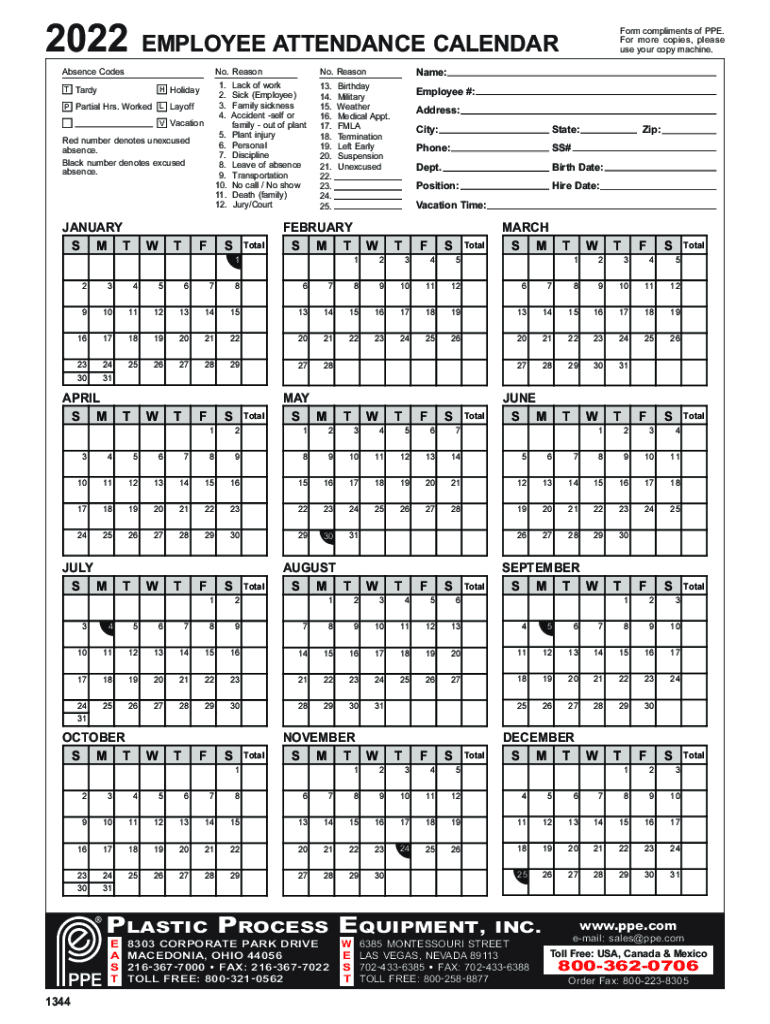 2022 2026 Form PPE Employee Attendance Calendar Fill Online 