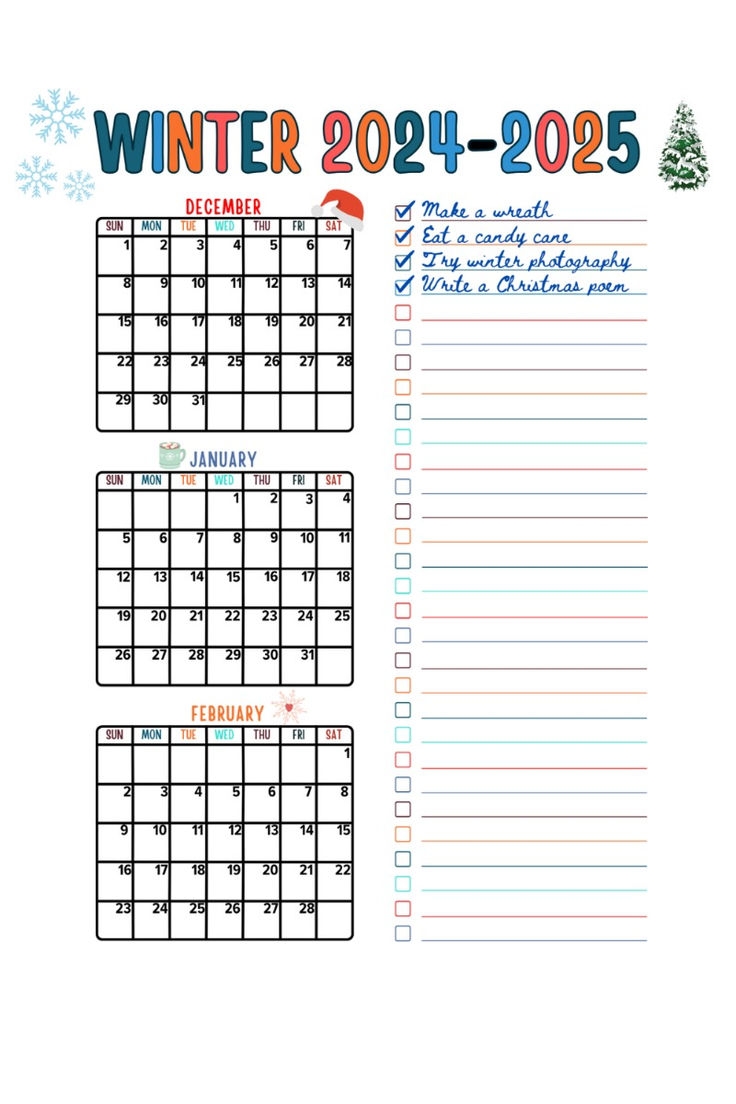 2024 2025 Printable Winter Activities Calendar