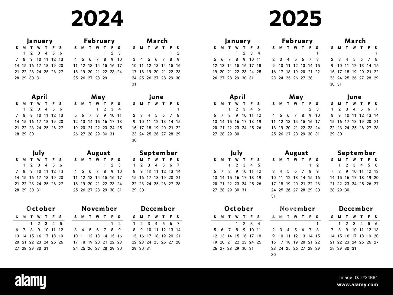 2024 And 2025 Year English Vector Calendars With 12 Months In 