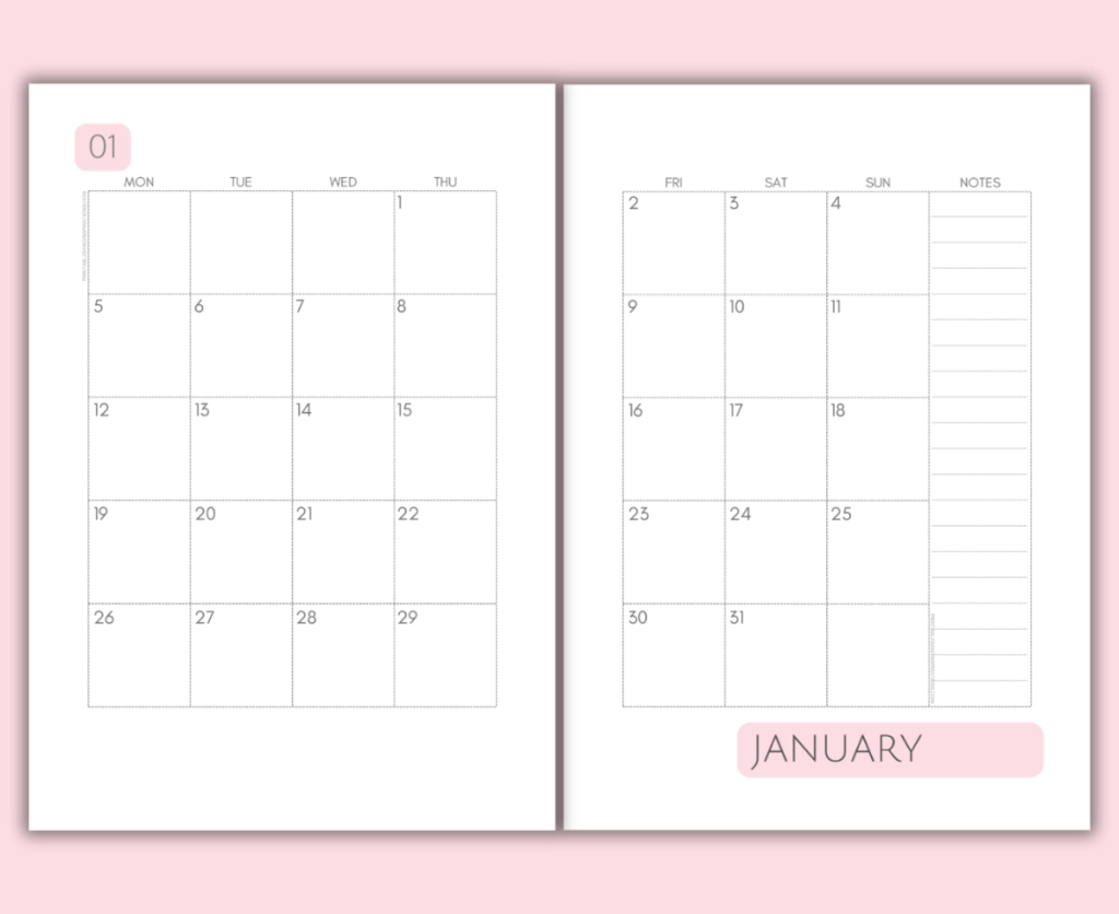 2025 2026 Two Page Calendar Monthly Spread Free Printable 