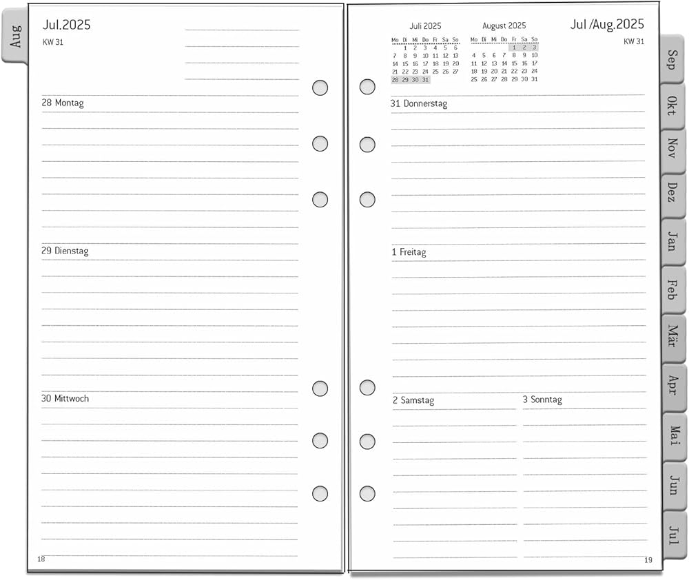 2025 2026 Weekly Planner Insert Personal A6 6 Holes German 1 Week 2 Pages With Tabs Extra Notes Contact August 25 To Jul 26 95 X 171 Mm 100 