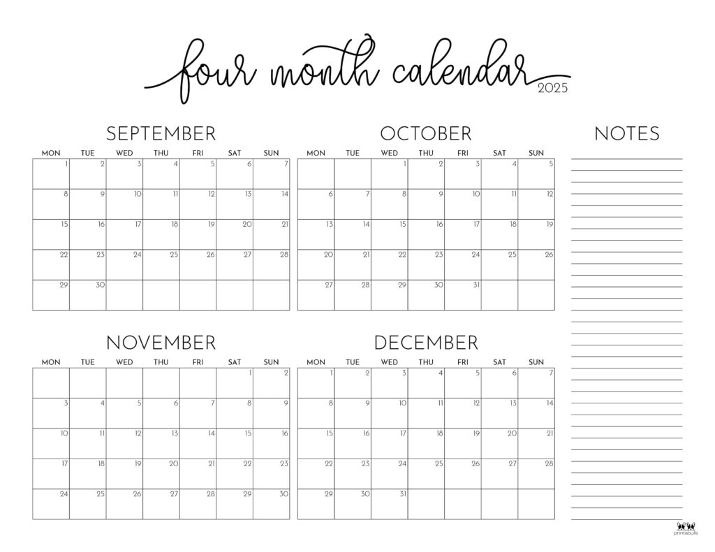 2025 Four Month Calendars 31 FREE Printables Printabulls