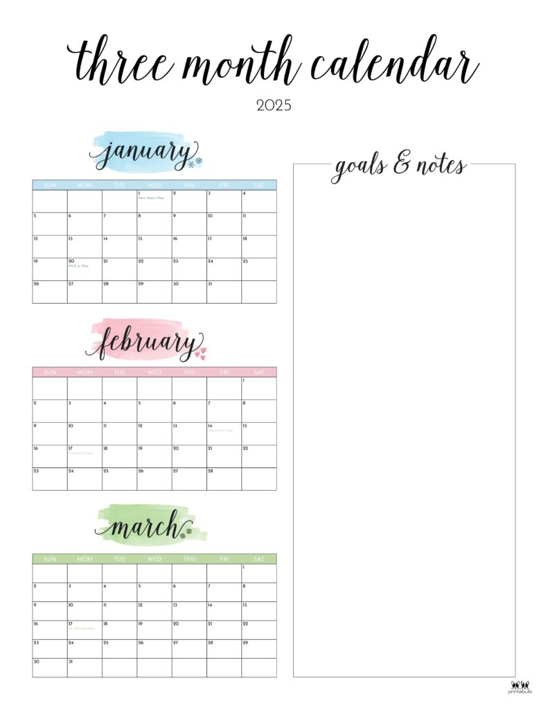 2025 Three Month Quarterly Calendars 36 FREE Cals Printabulls