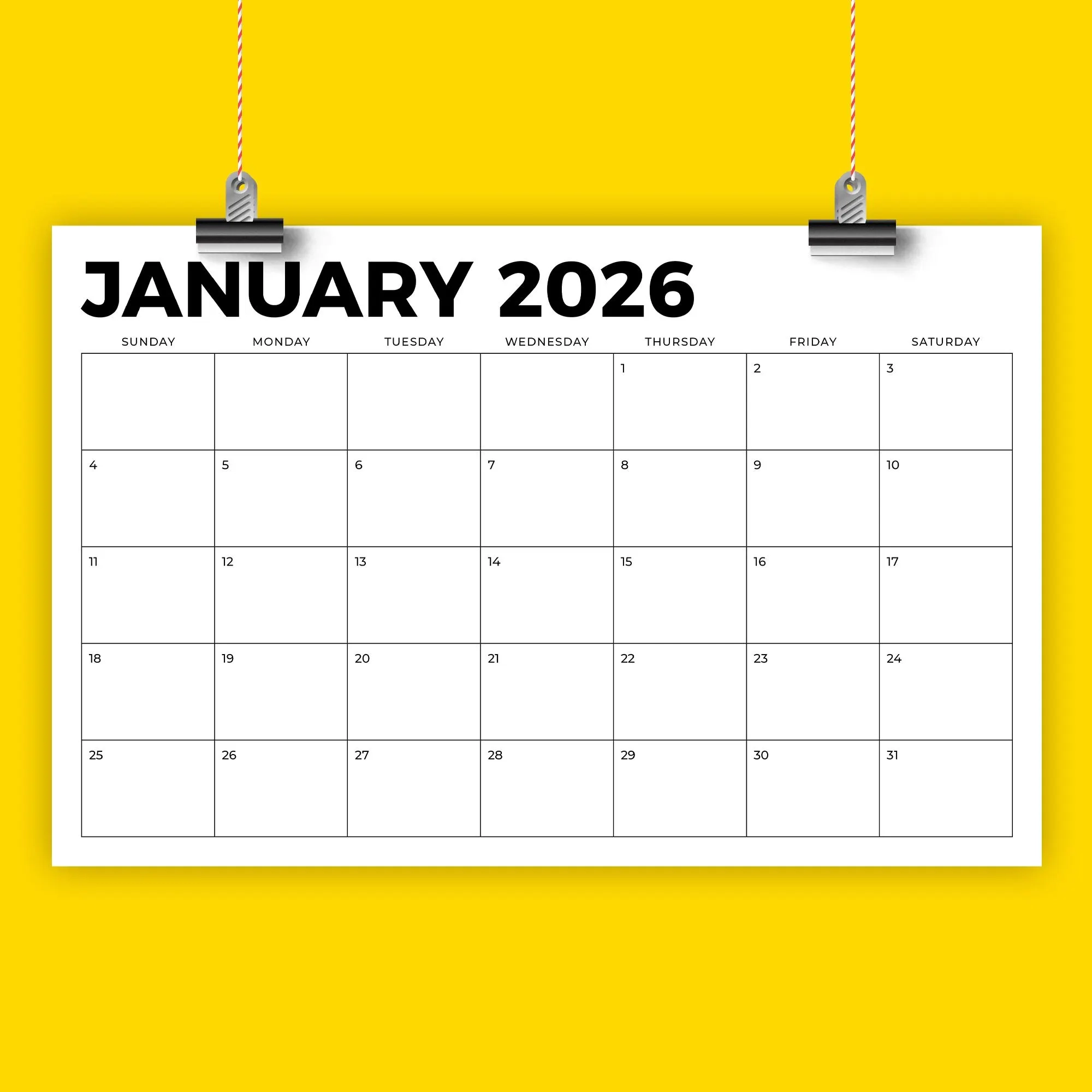 2026 11 X 17 Inch Calendar Template INSTANT DOWNLOAD Bold Sans 
