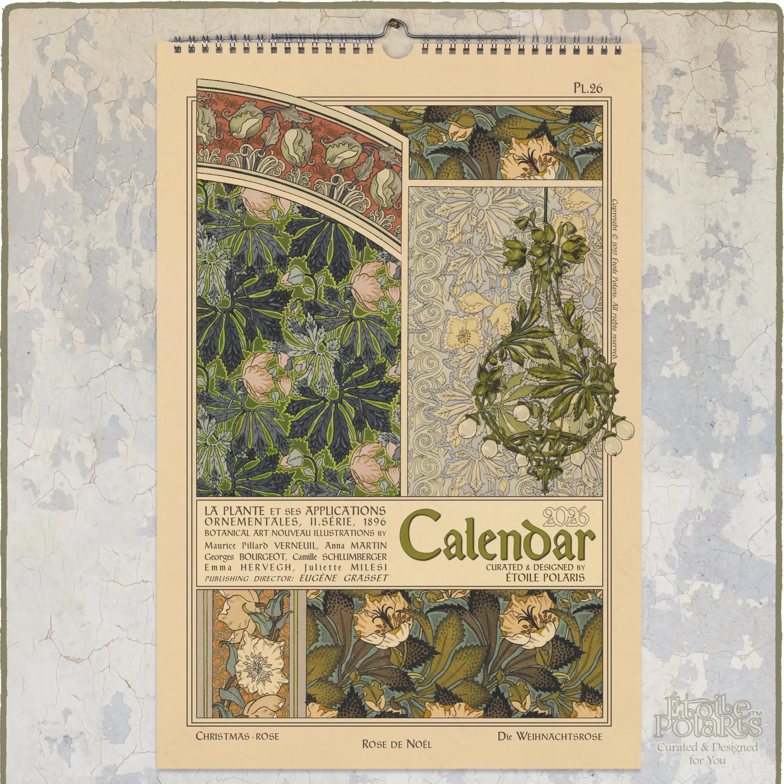 2026 2027 Botanical Calendar Art Nouveau Floral Wall Planner 