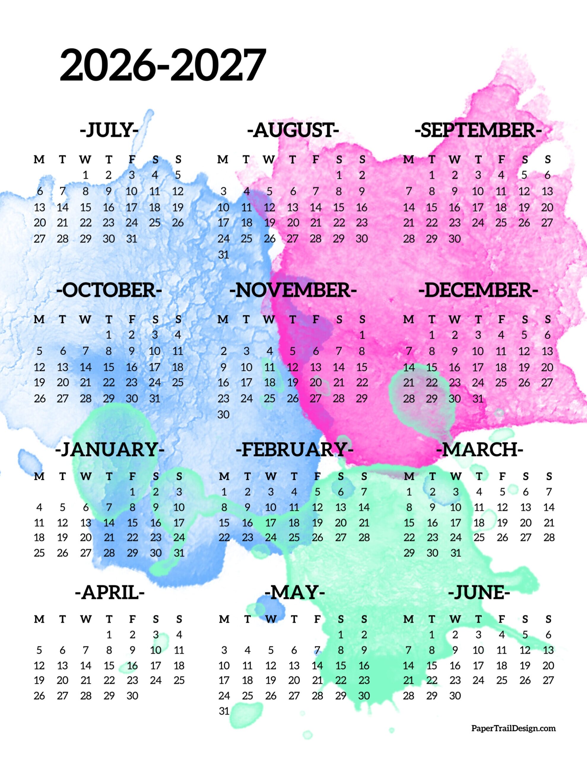 2026 2027 School Year Calendar Free Printable Paper Trail Design