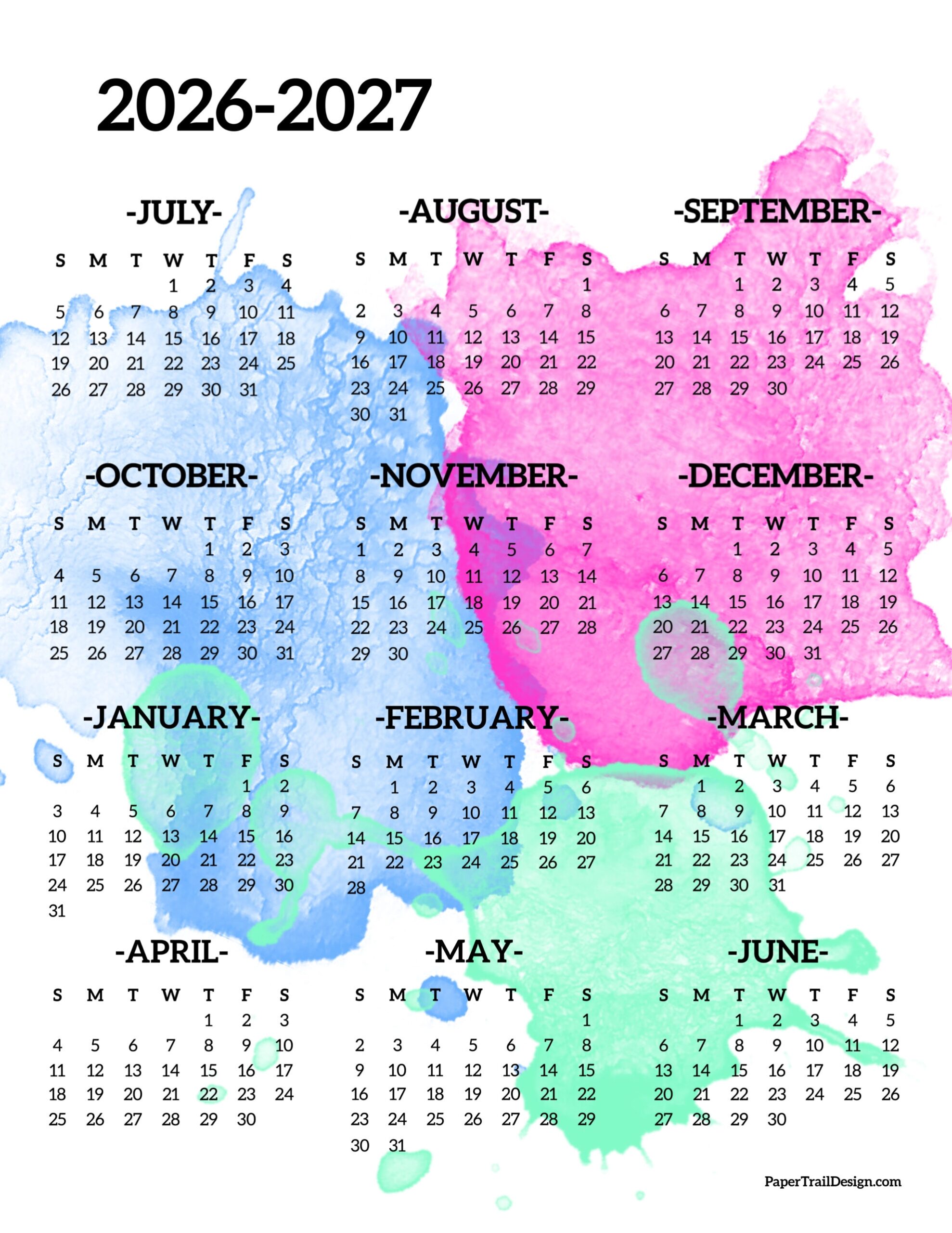 2026 2027 School Year Calendar Free Printable Paper Trail Design