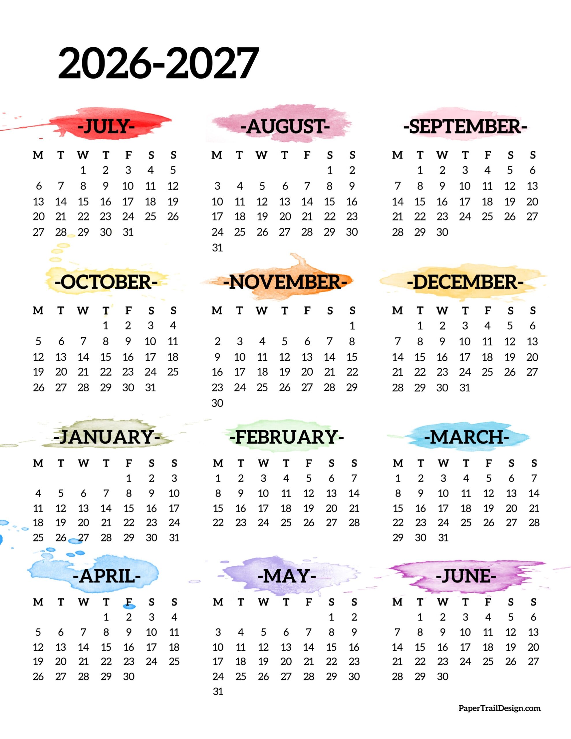 2026 2027 School Year Calendar Free Printable Paper Trail Design