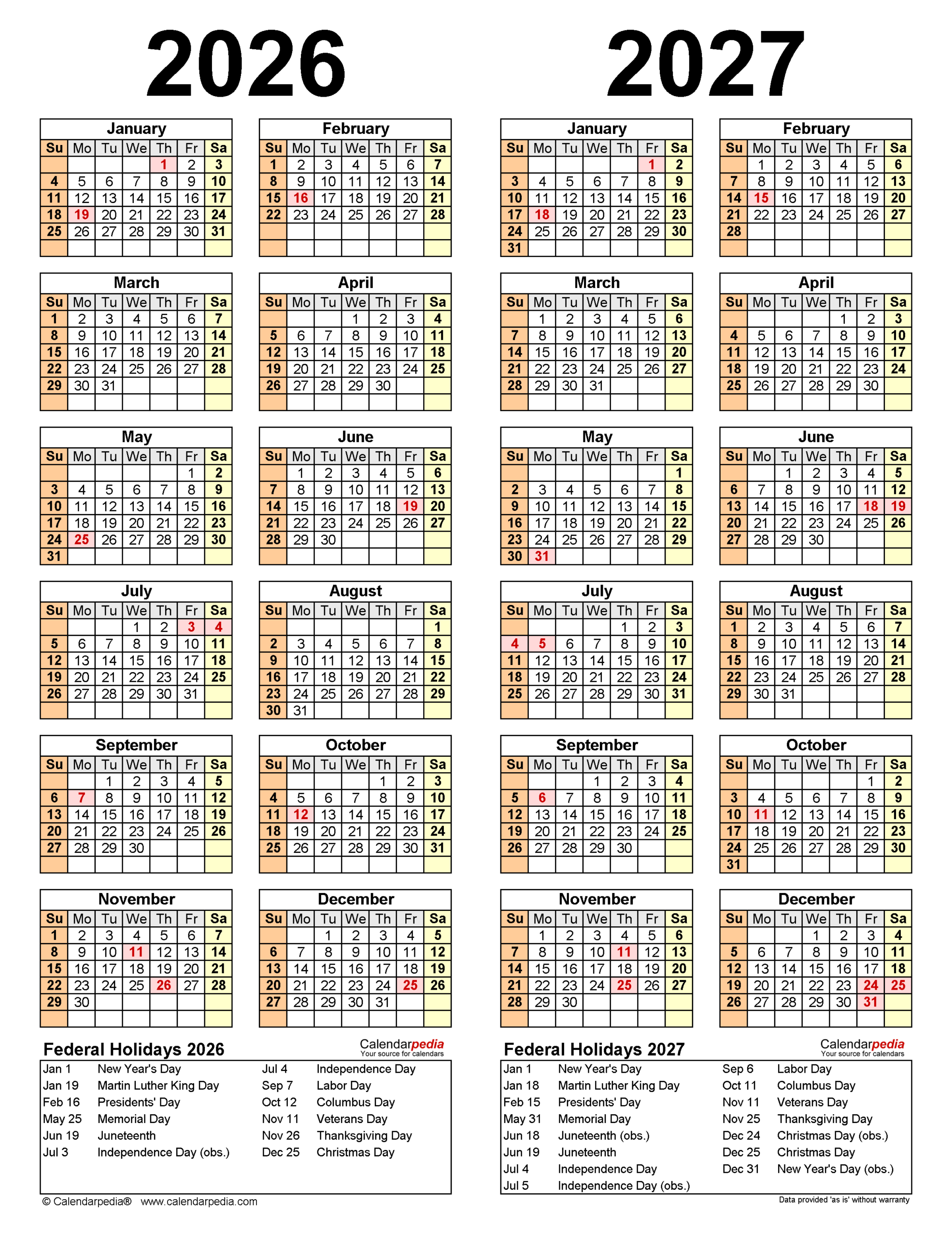 2026 2027 Two Year Calendar Free Printable Excel Templates