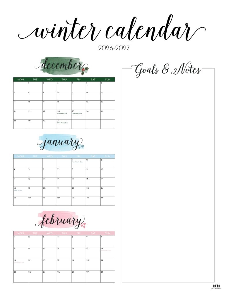 2026 2027 Winter Calendars 14 FREE Cals Printabulls