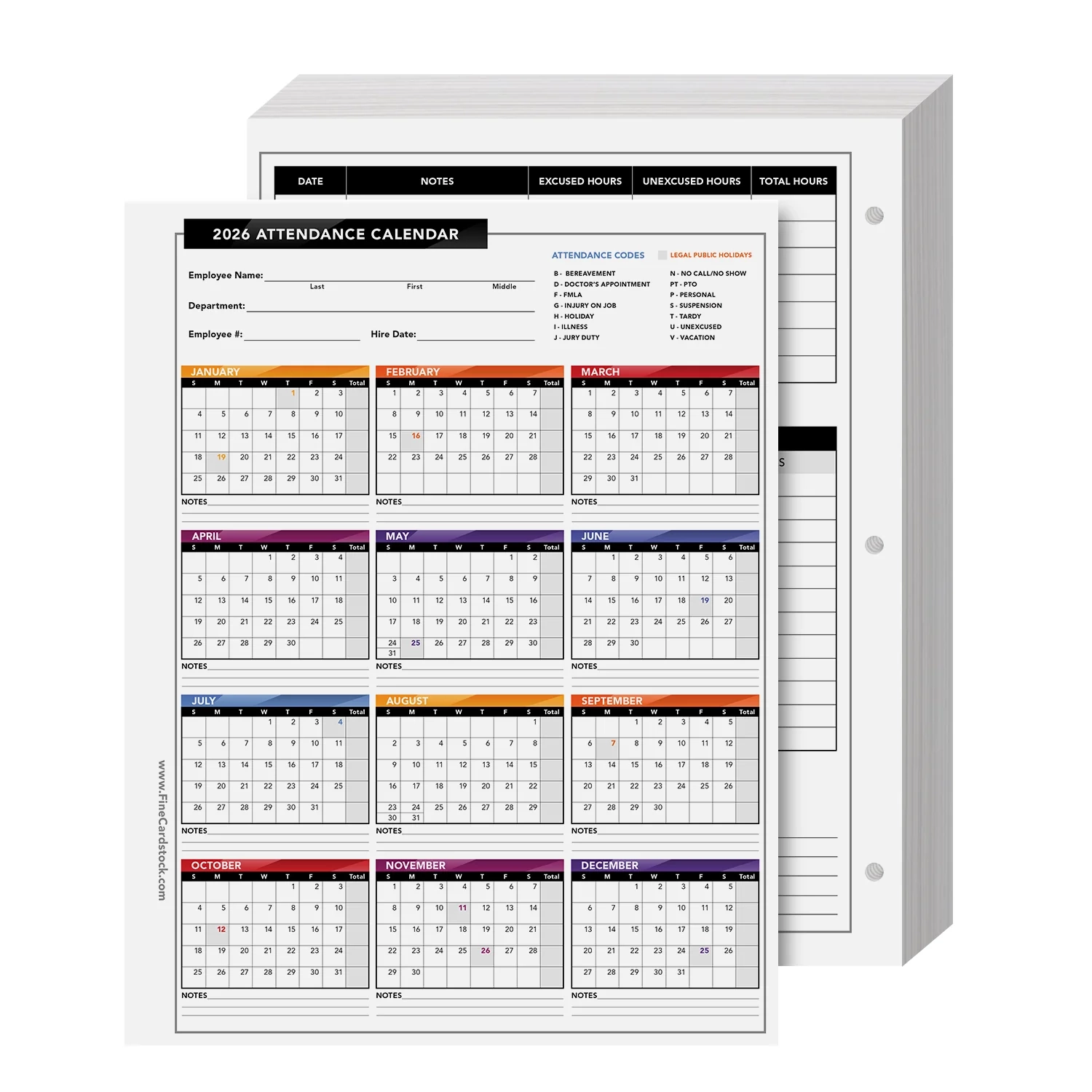 2026 Attendance Calendar Card Stock Paper Great Employee Work Tracke