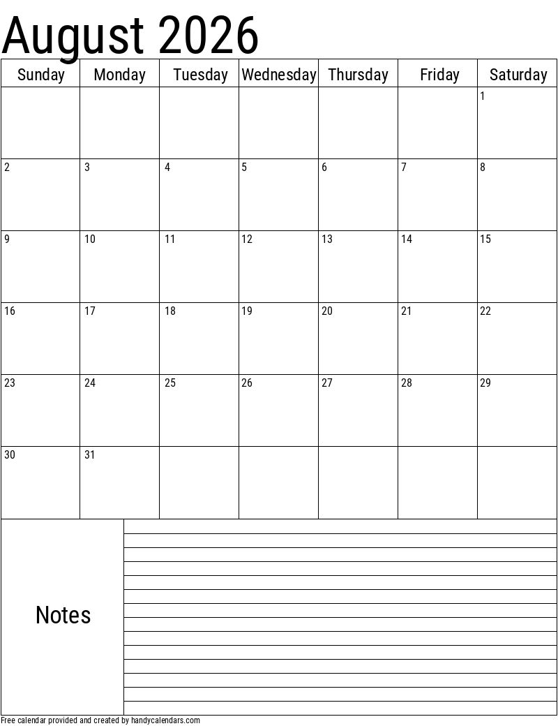 Printable Calendar Aug 2026 Blank