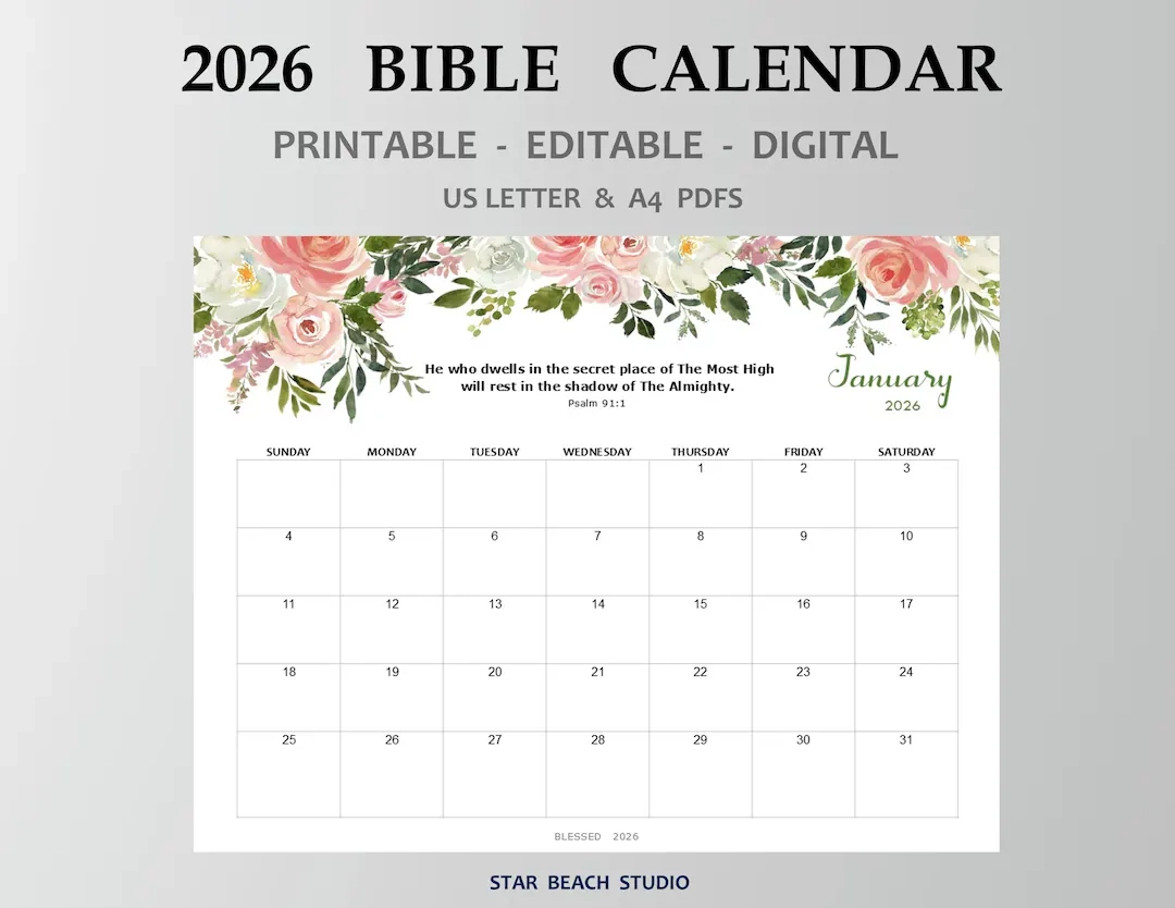 2026 Bible Verse Monthly Floral Calendar PRINTABLE Editable PDF 