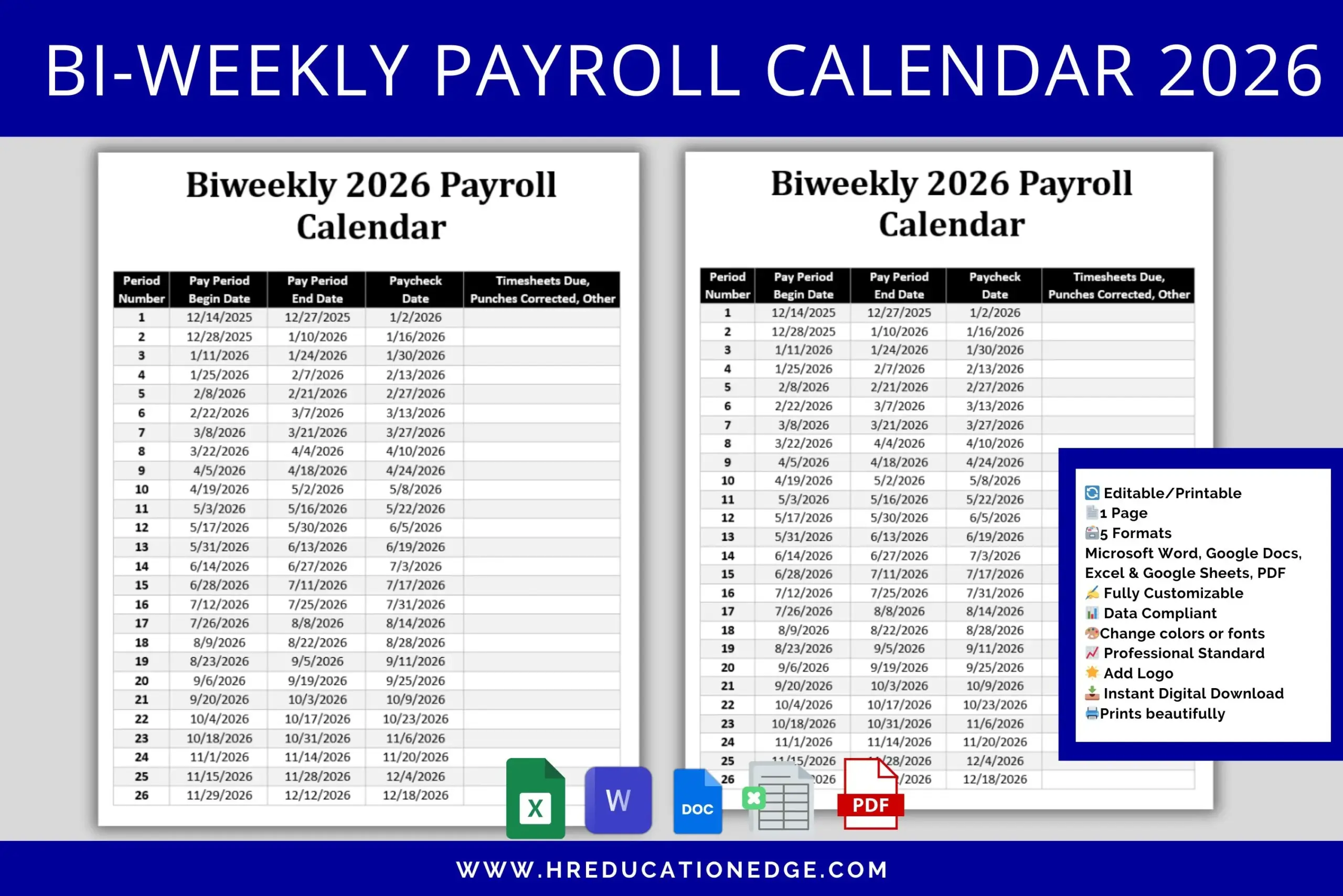 2026 Biweekly Payroll Calendar Template Editable MS Word amp Excel 