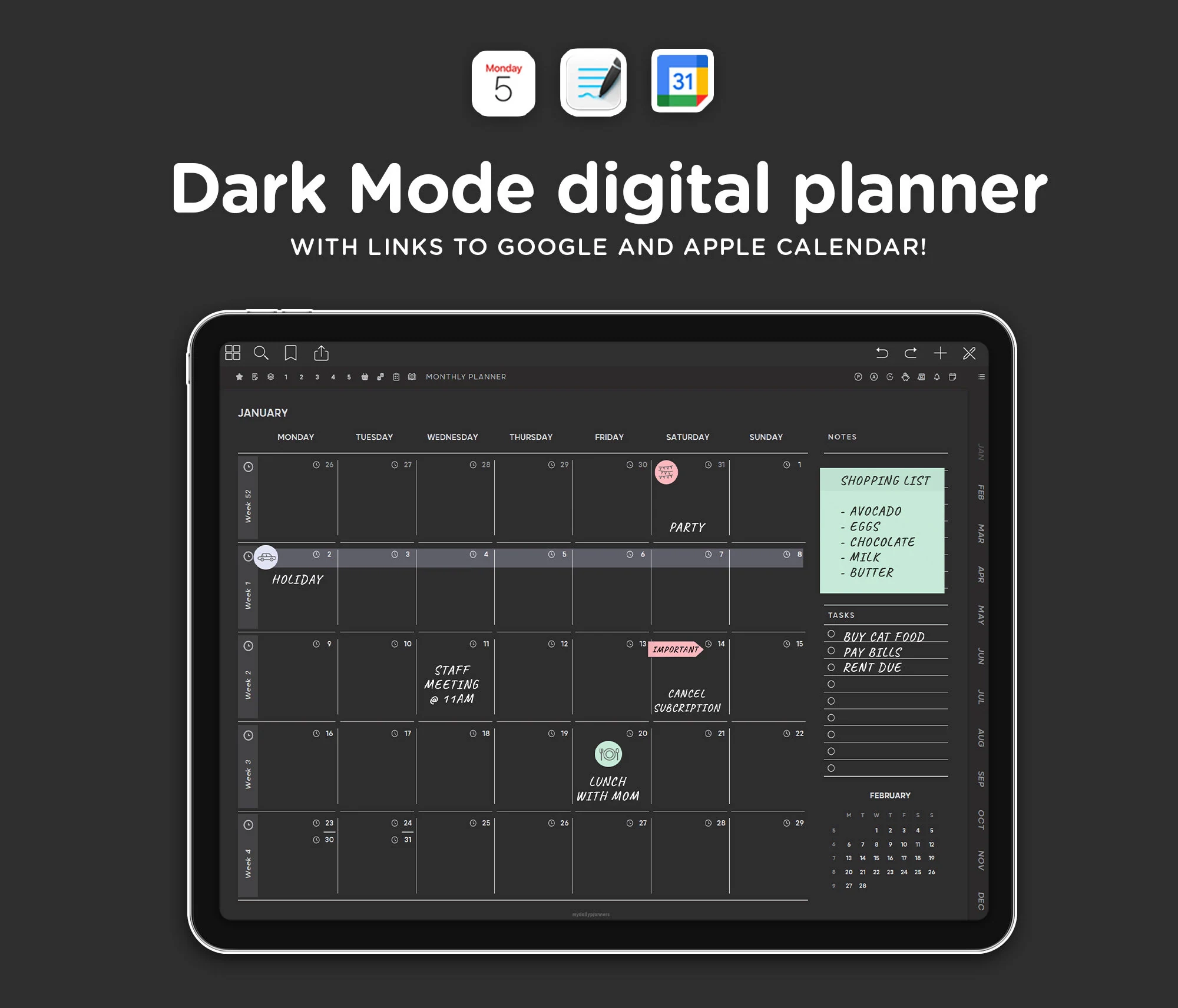 2026 Black Digital Planner IPad Goodnotes Template Blackout 