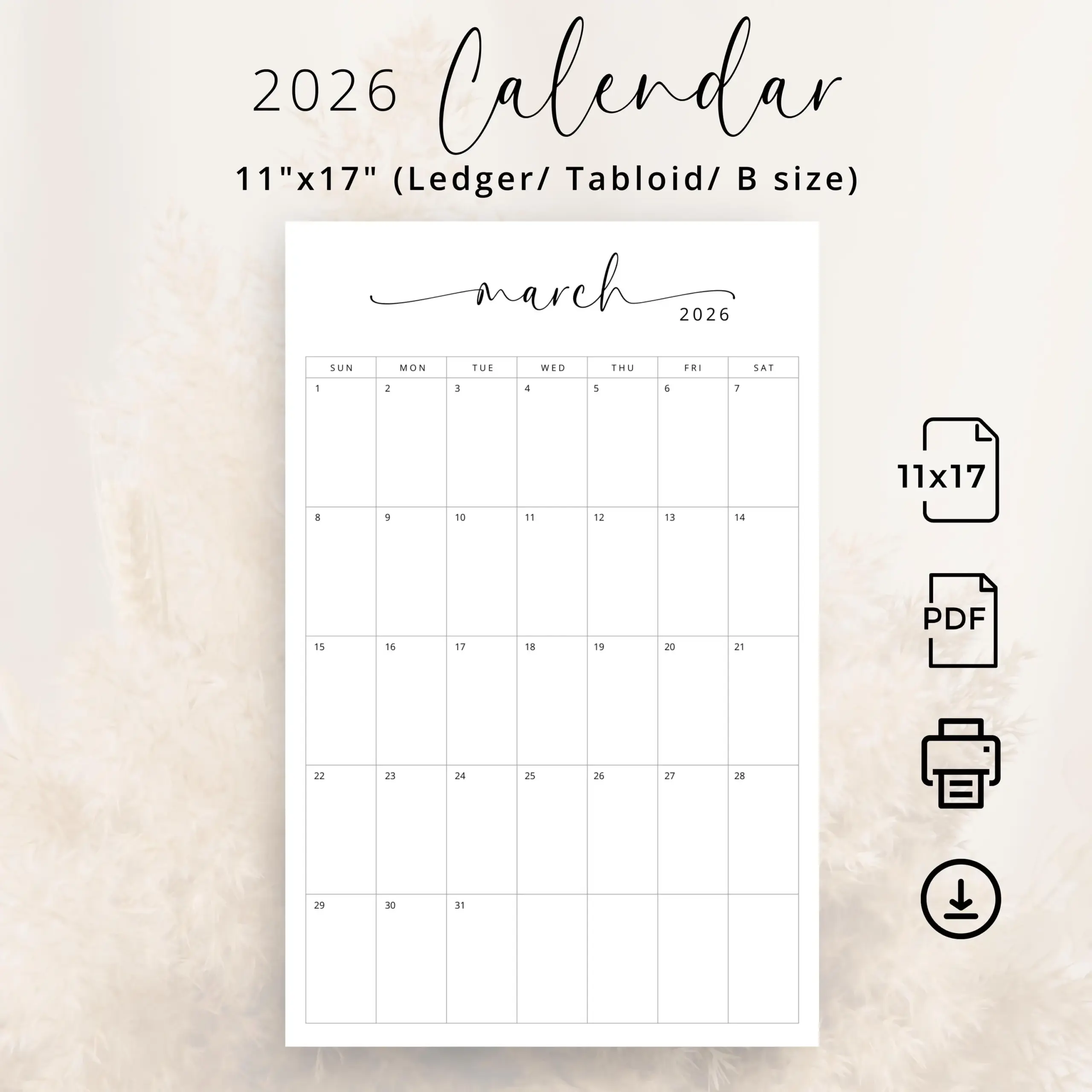 2026 Calendar 11X17 Ledger 2026 Monthly Planner Portrait Sunday 