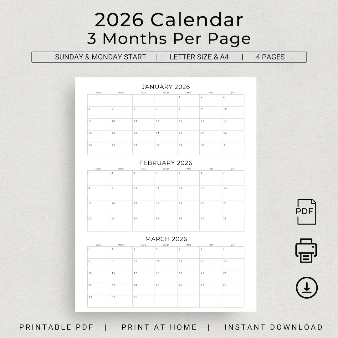 3 Month Printable Calendar 2026