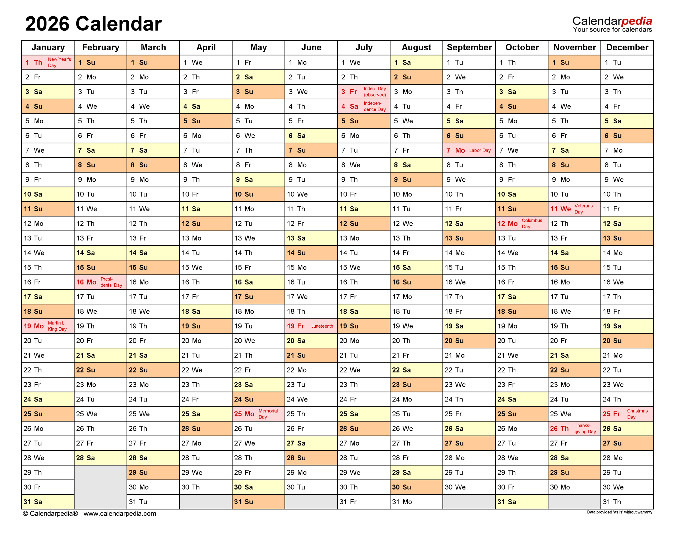2026 Calendar With Holidays Printable Excel