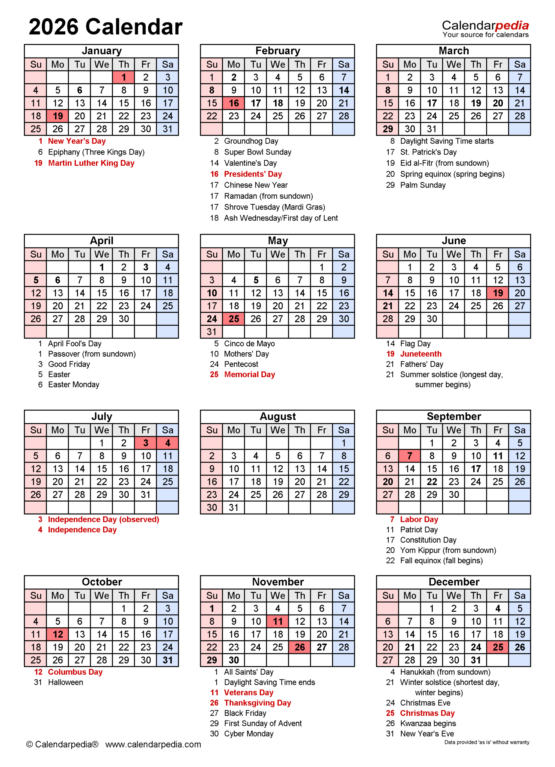 2026 Calendar With Holidays And Observances Printable