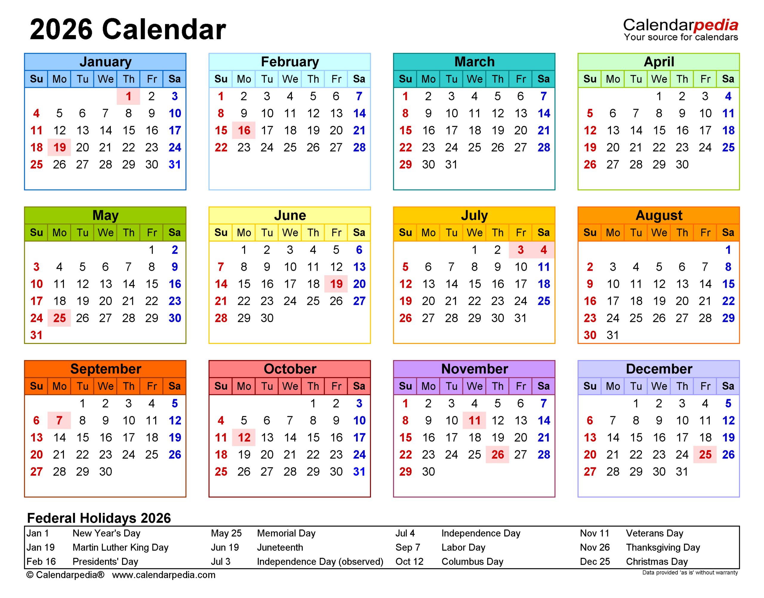 2026 Printable Year Calendar