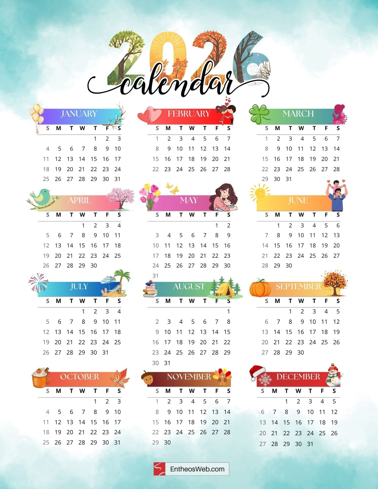 2026 Calendar Full Year One Page Printable EntheosWeb