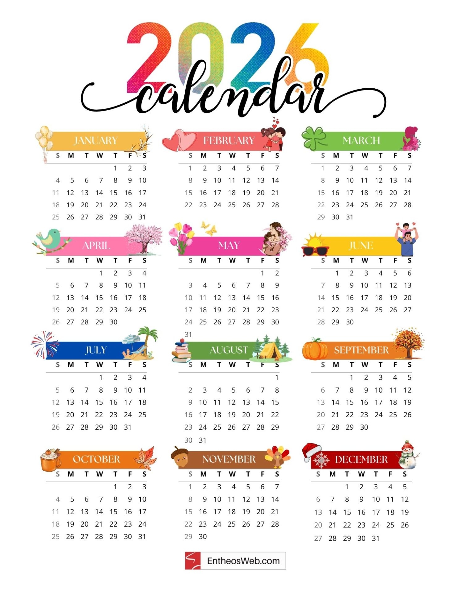 2026 Calendar 1 Page Printable Free