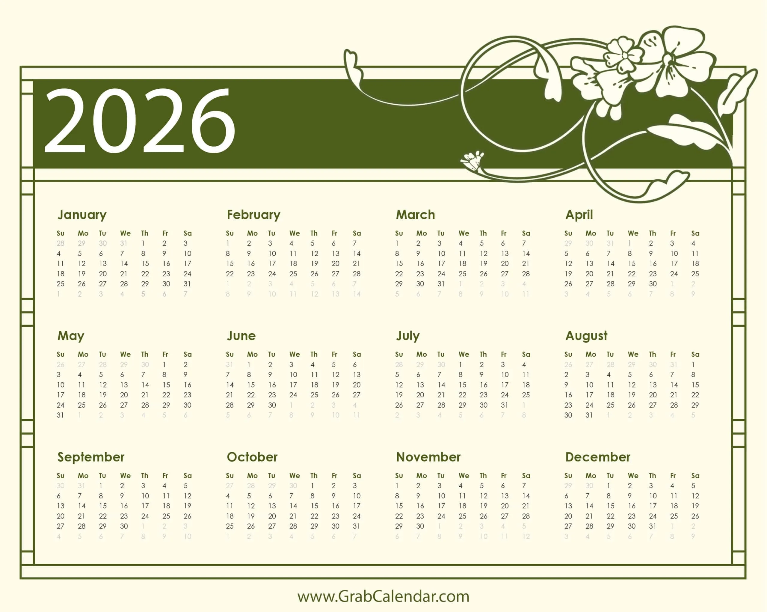 2026 Calendar Grab Calendar