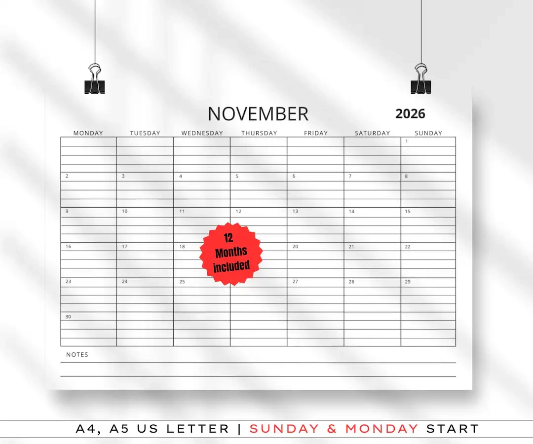 2026 Calendar Printable 12 Months Calendar Lined Sunday Start 