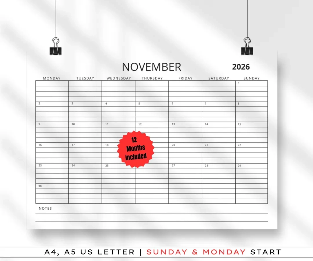 2026 Calendar Printable 12 Months Calendar Lined Sunday Start 