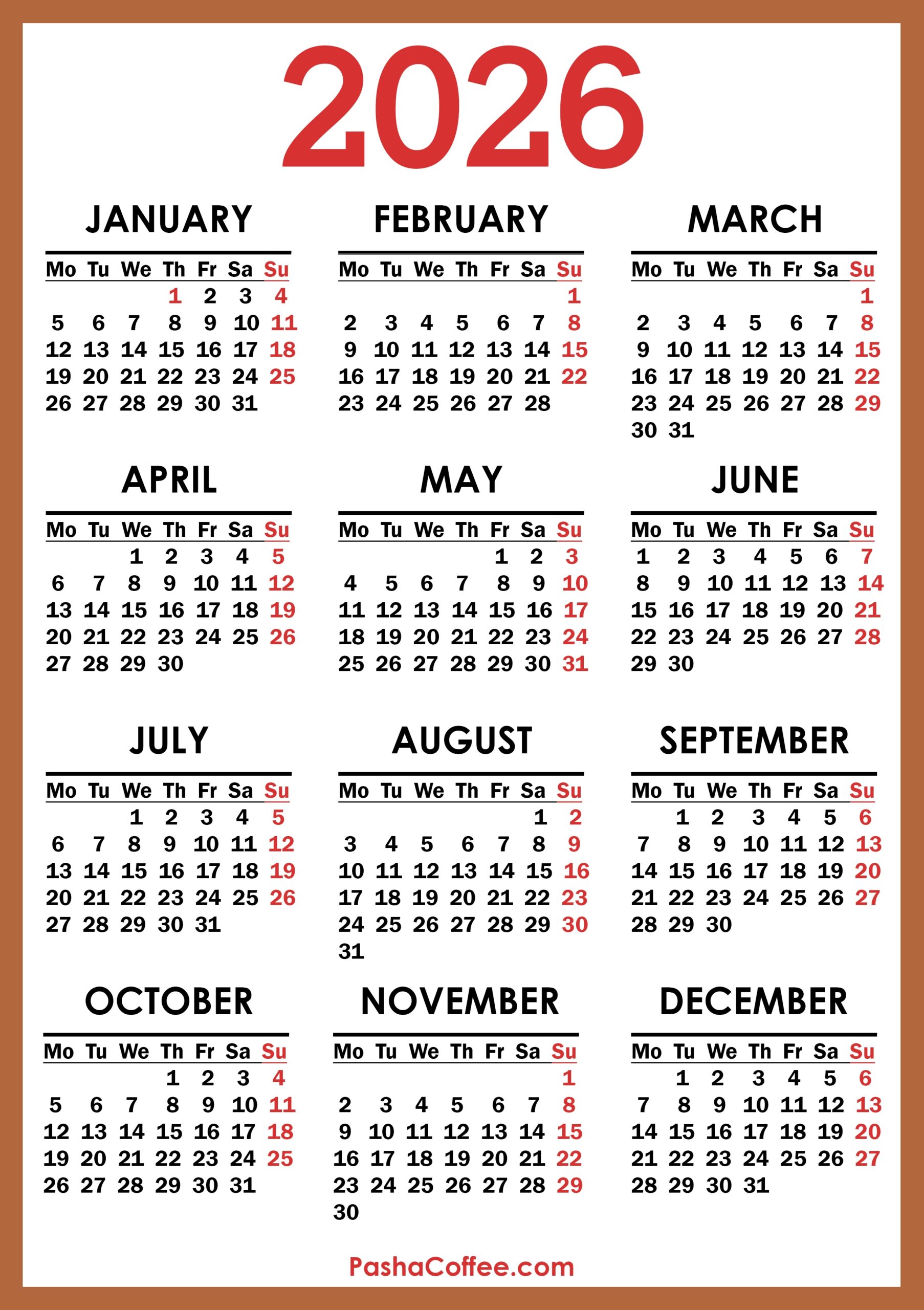 2026 Calendar Printable Free Vertical Monday Start 