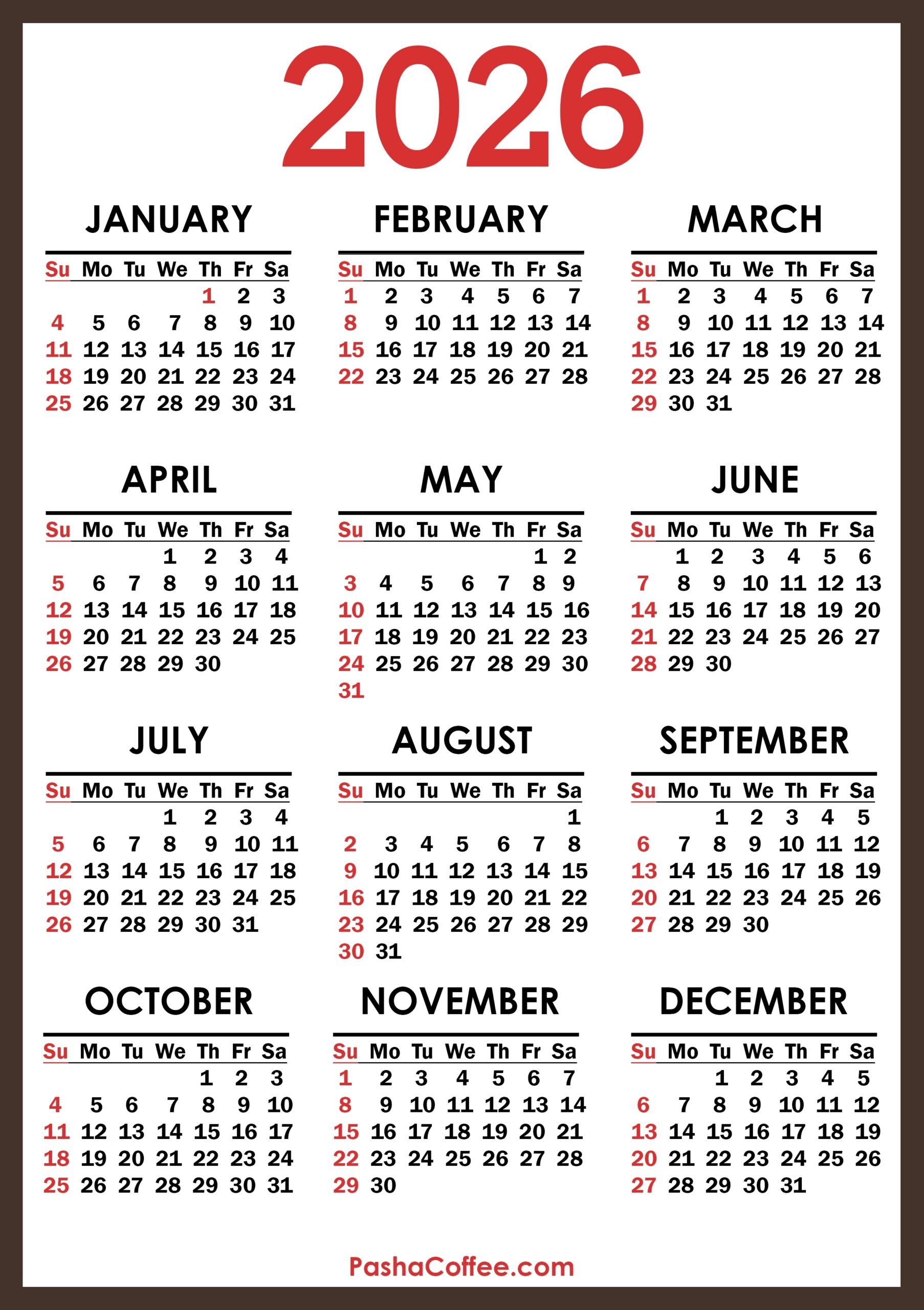 2026 Calendar Printable Free Vertical Sunday Start 