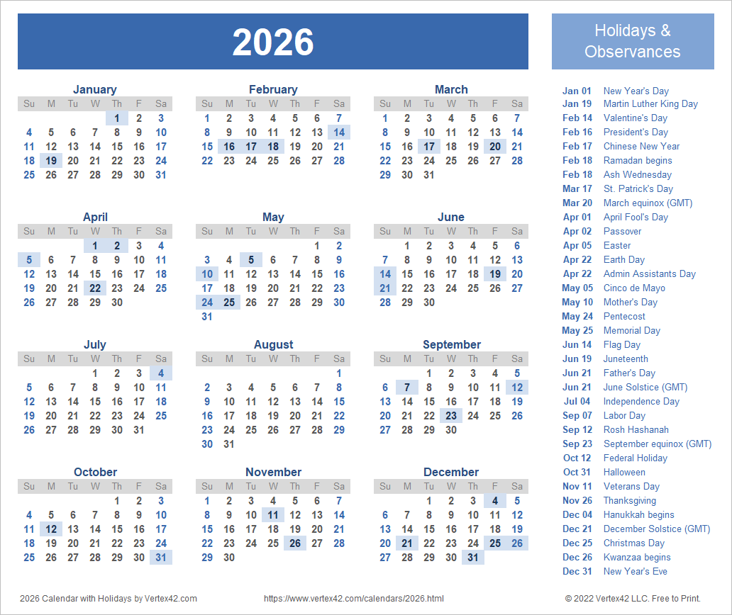 2026 Whole Year Calendar Printable
