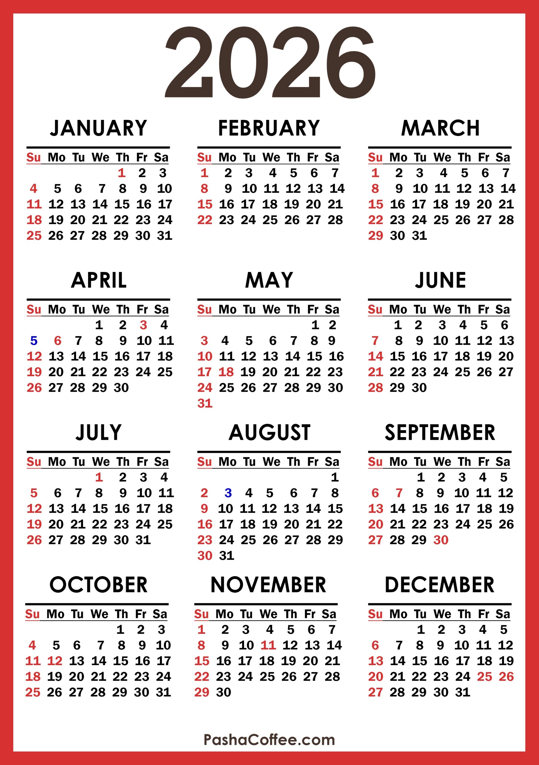 2026 Calendar With Canada Holidays Printable Free Vertical 