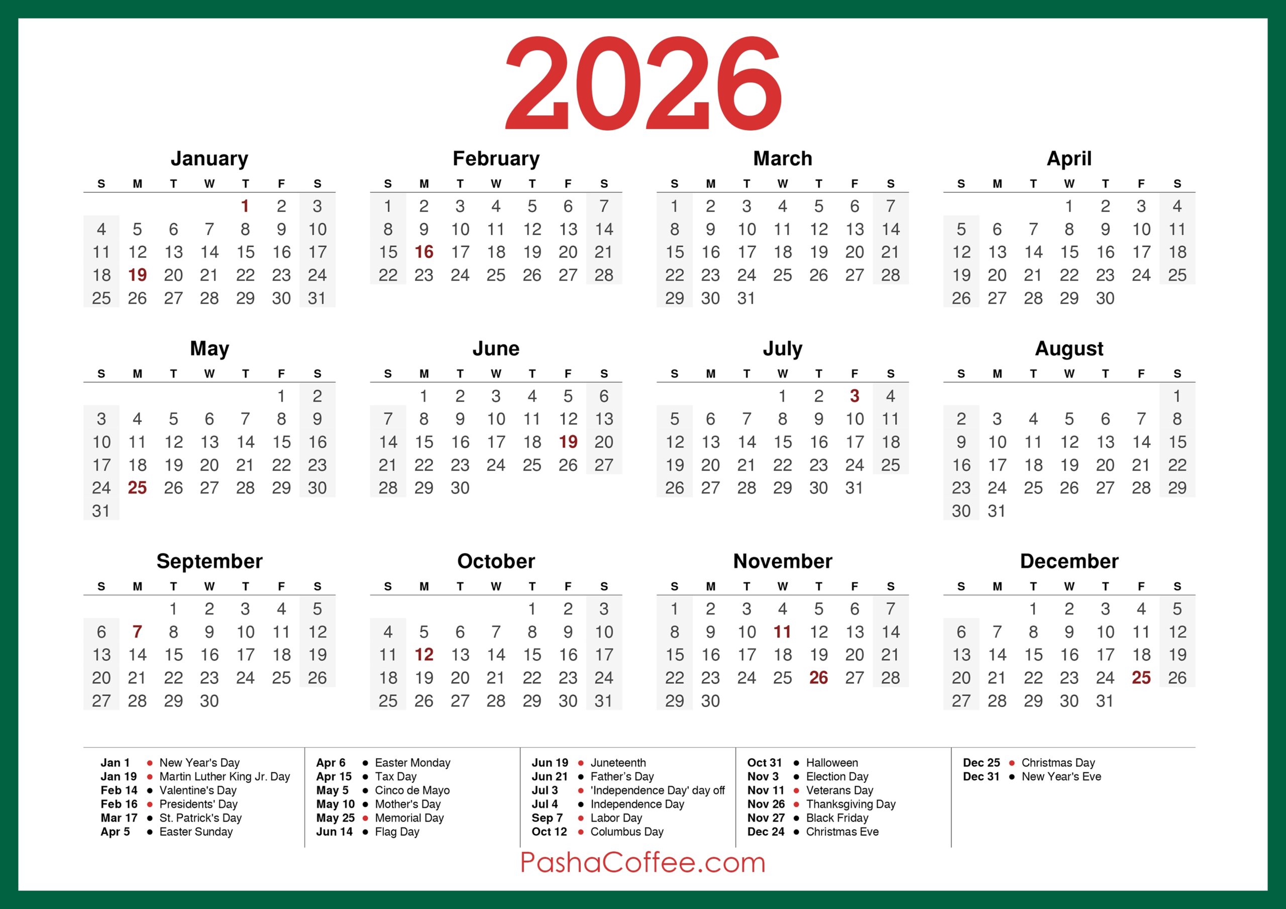 2026 Calendar Printable With Holidays Free Download