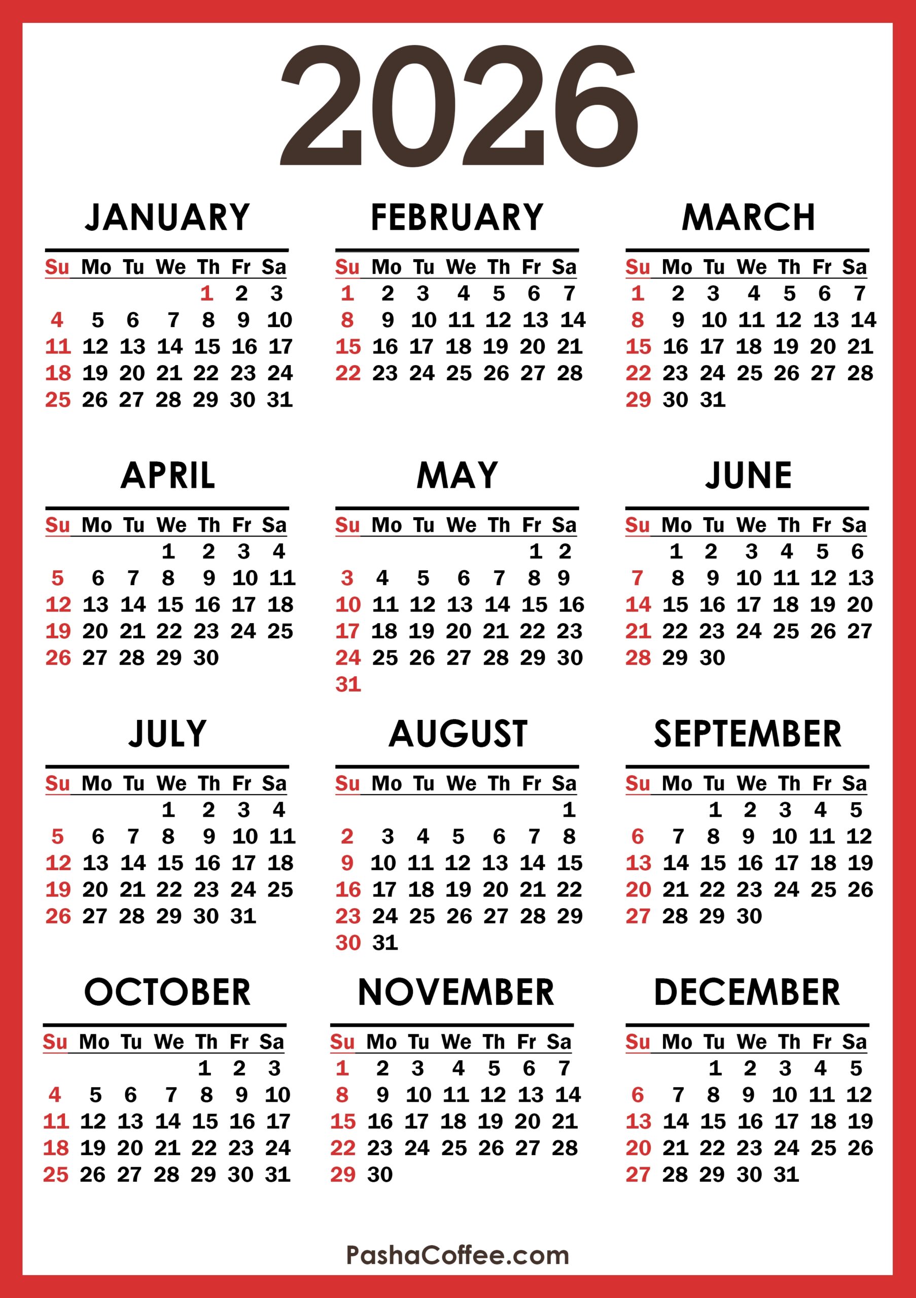 2026 Calendar With Holidays Printable Free Vertical Red 
