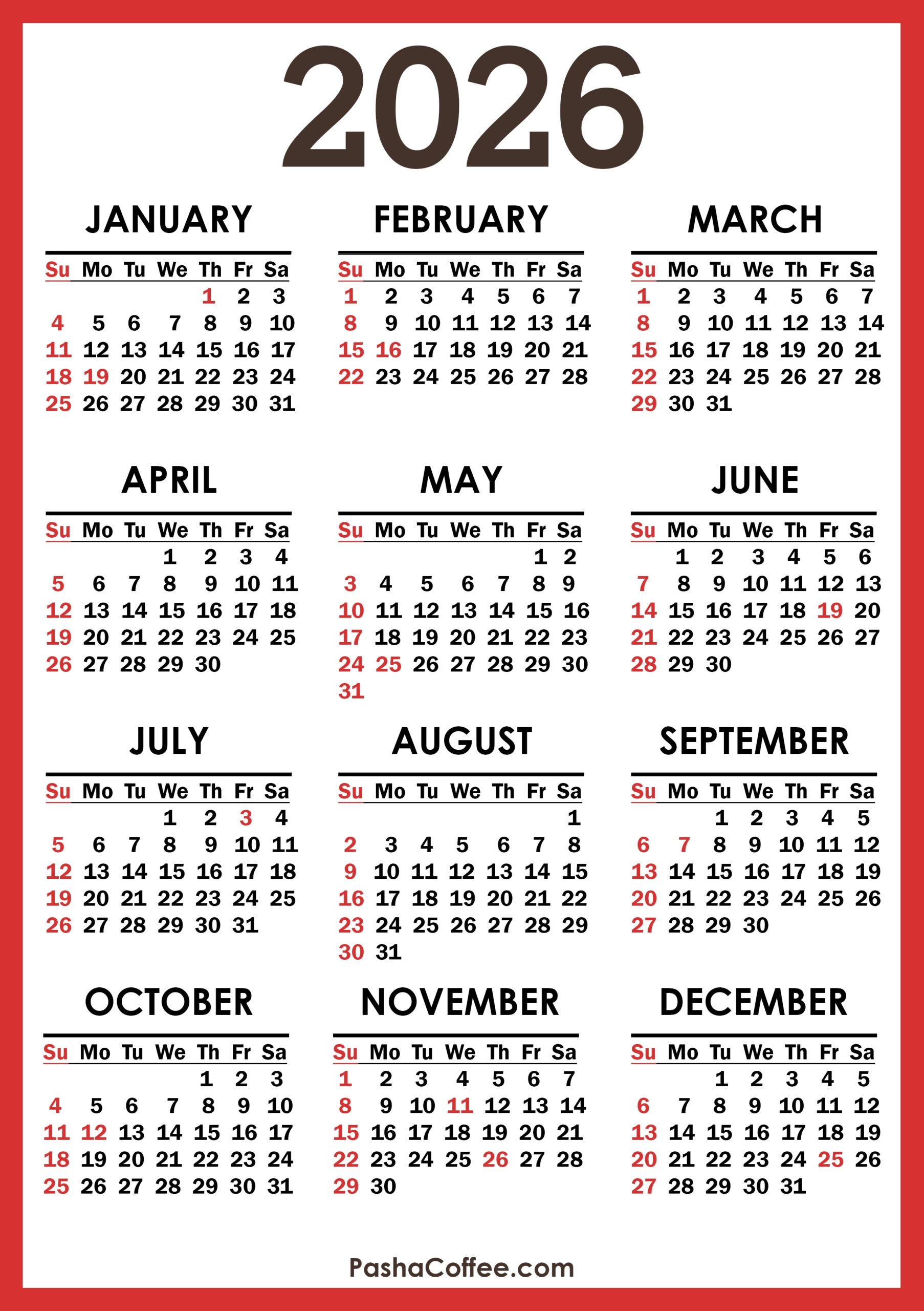 Calendar With Holidays 2026 Printable
