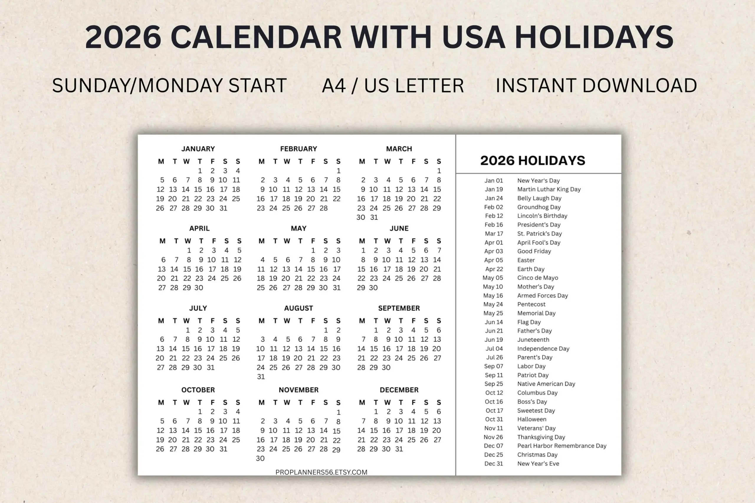 Printable Calendar 2026 With Holidays Usa