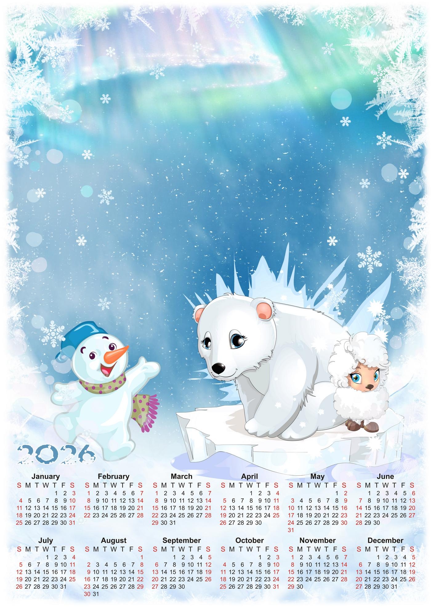 2026 Calendar With Snowman And Polar Bear Free Download JPG PNG 