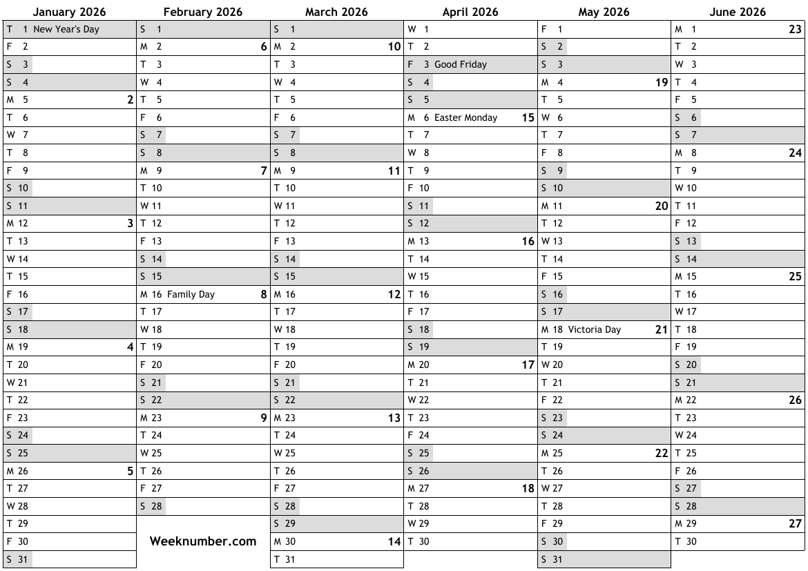 Canadian Yearly Calendar 2026