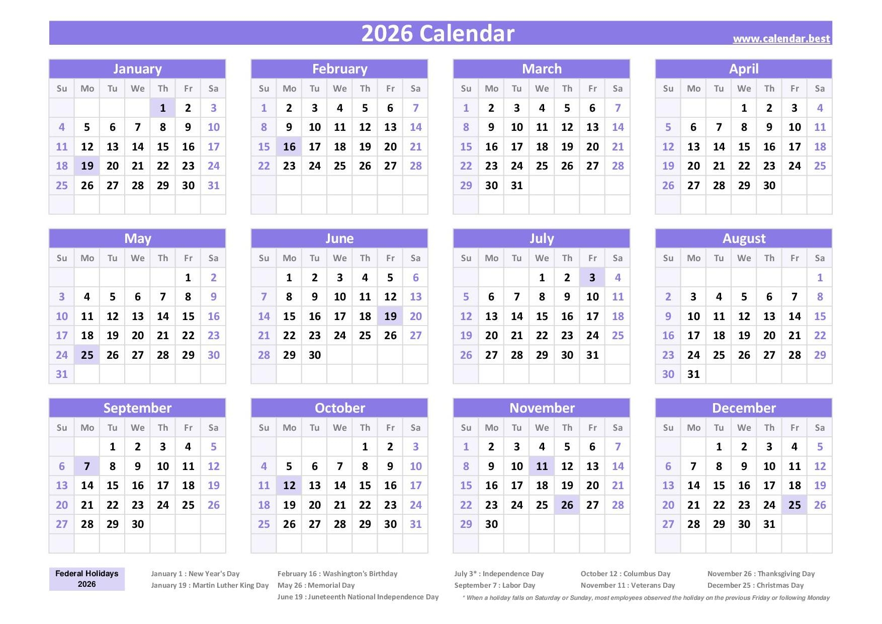 Printable Calendar With Holidays 2026