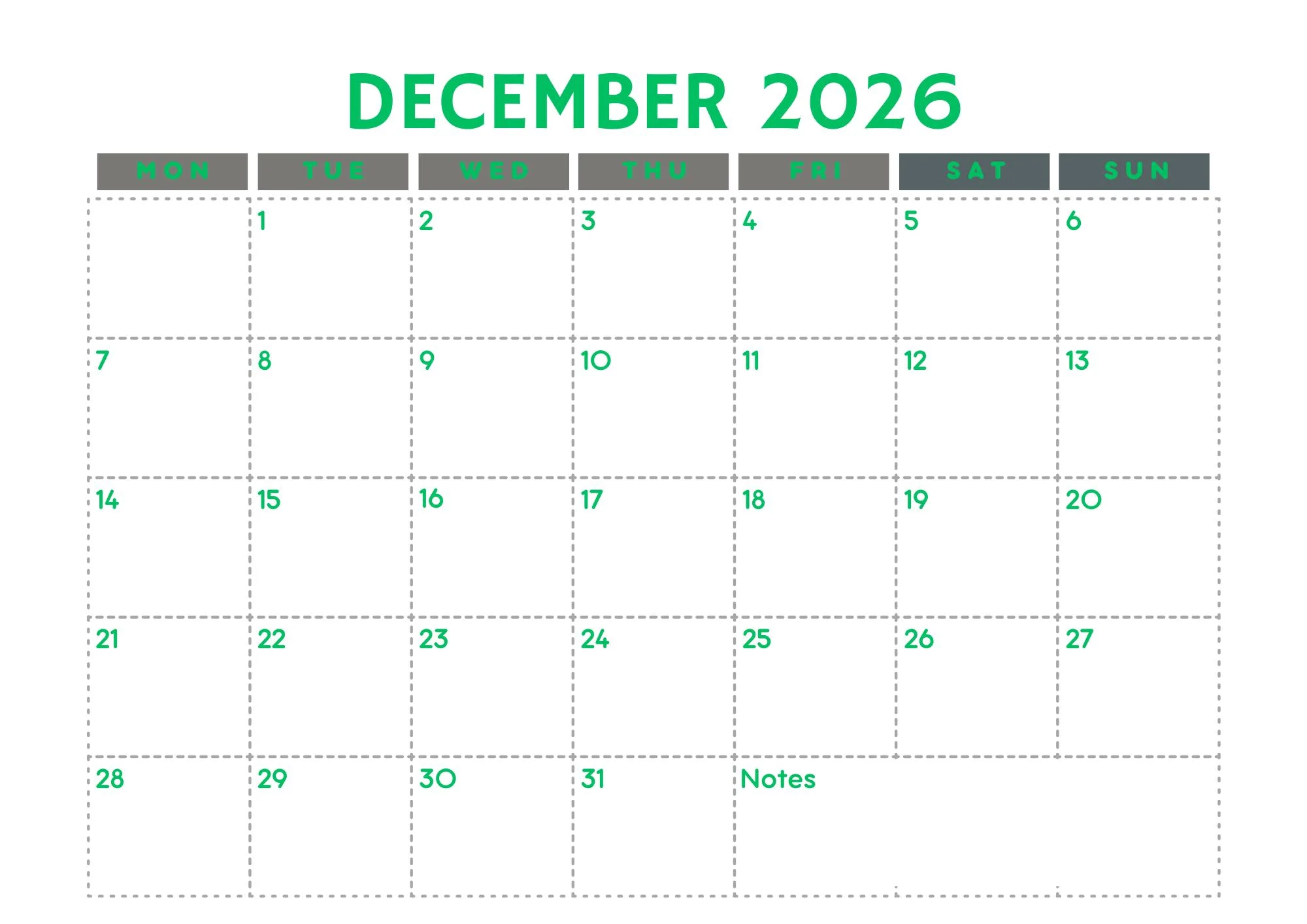 December 2026 Calendar Printable Vertex