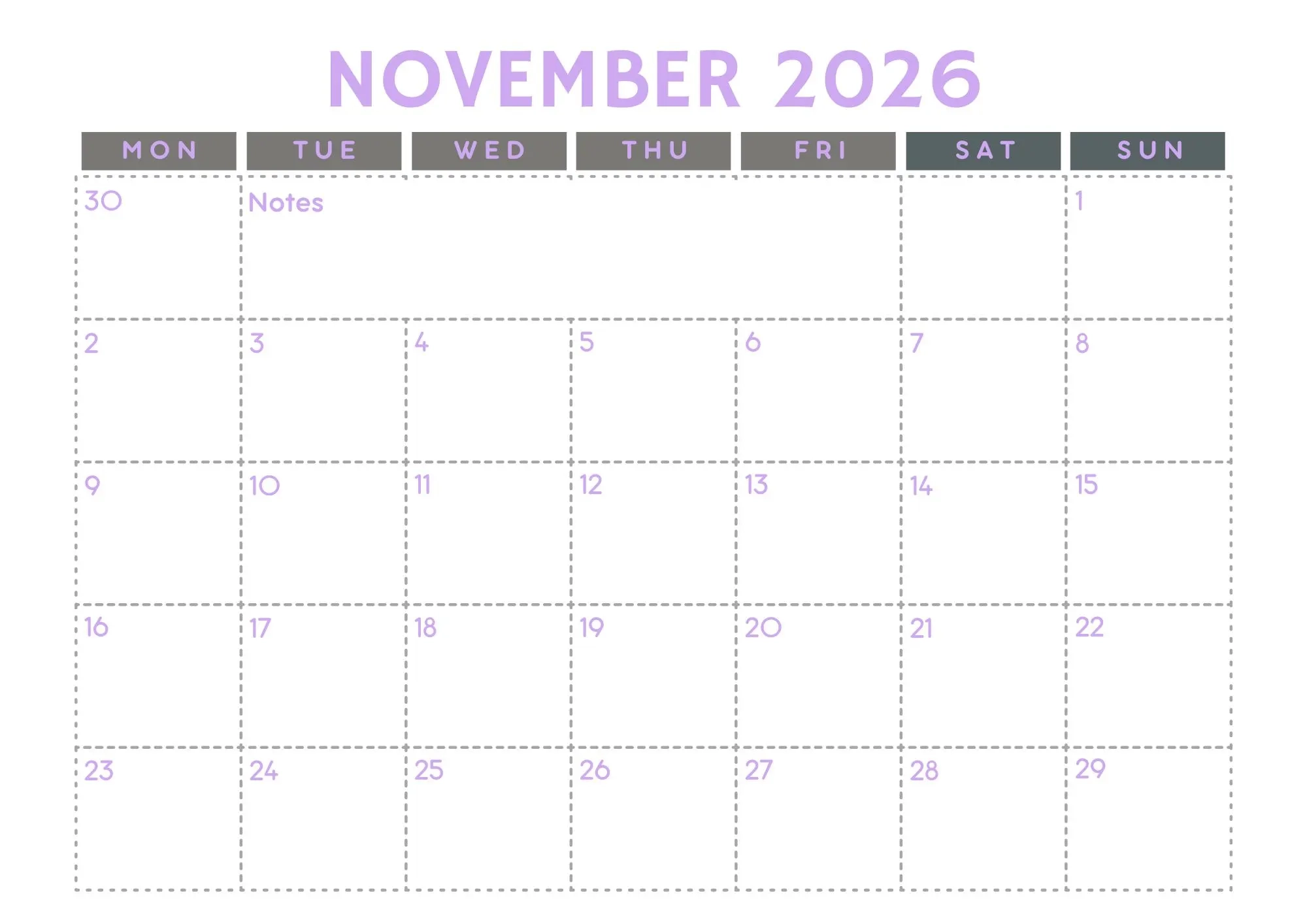 Vertex Printable 2026 Calendar November December