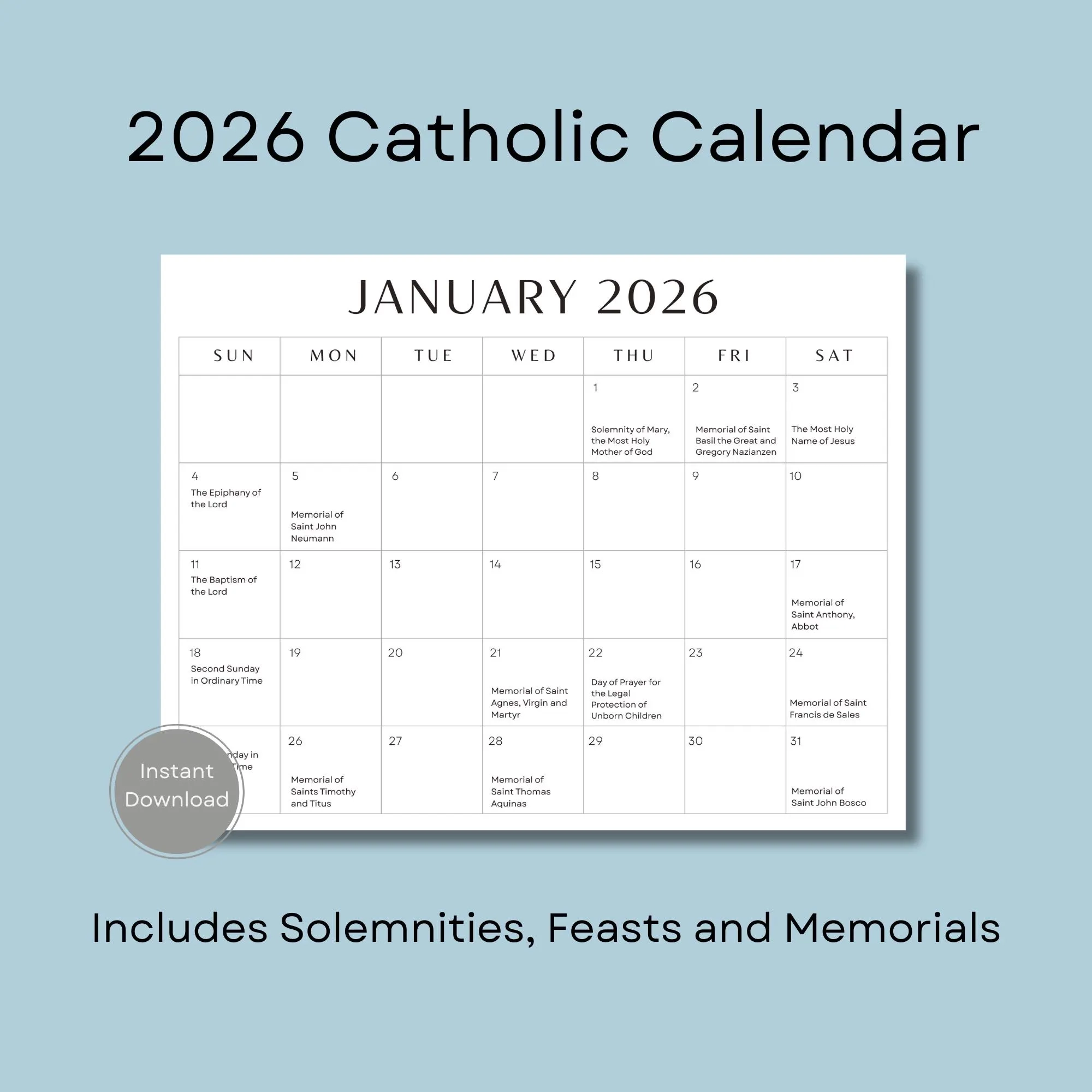 2026 Catholic Calendar Printable Catholic Calendar Feasts 
