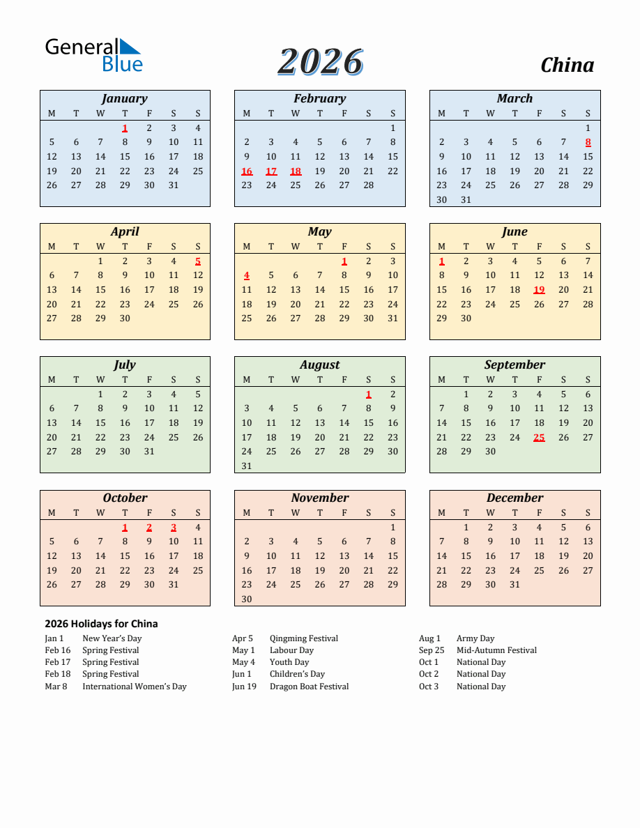 2026 China Calendar Monday Start